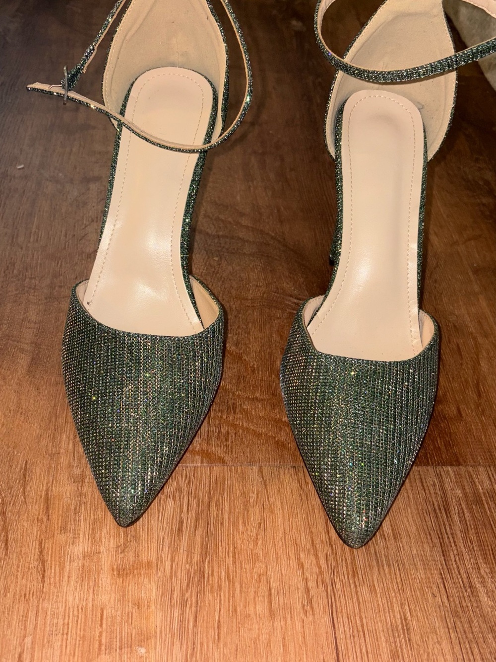 Sparkling Green Pointed-Toe Ankle-Strap Heels